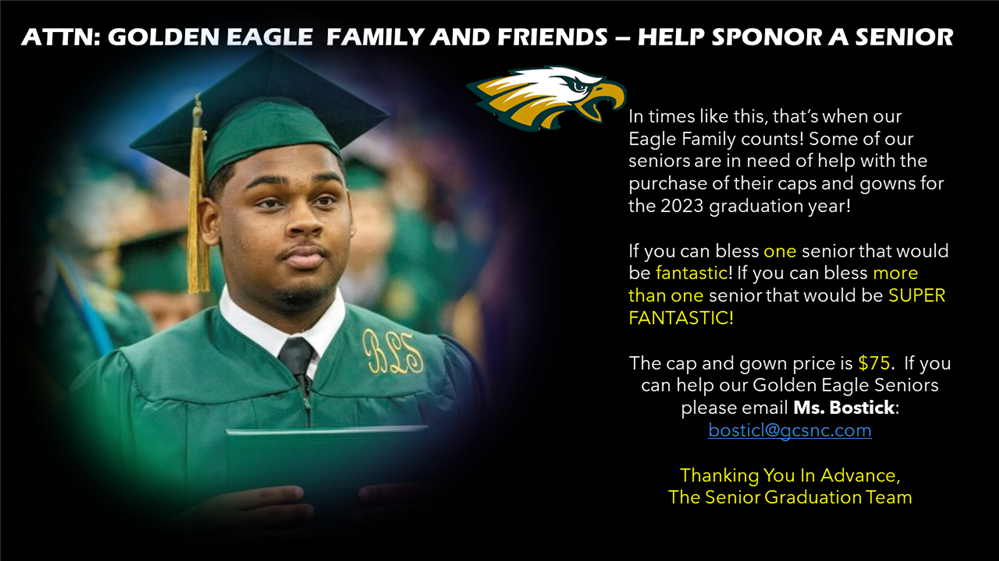  Picture of a senior with cap and gown asking for sponsors