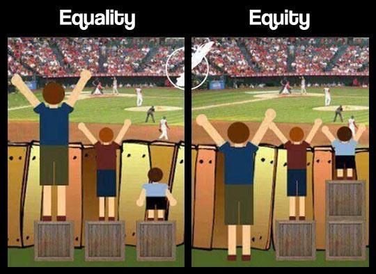 An image portraying equality vs. equity using students on boxes An image portraying equality vs. equity using students on boxes
