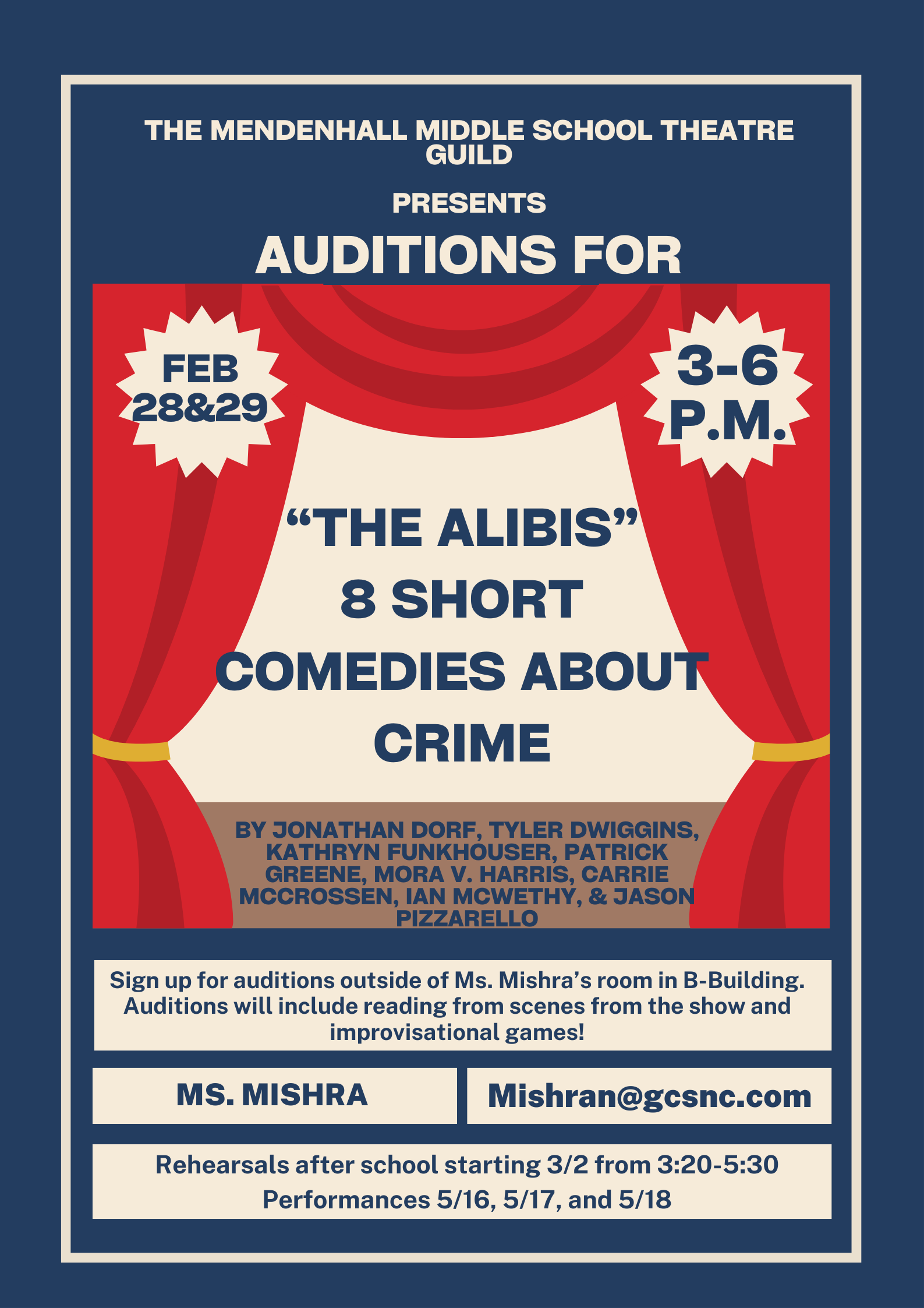 Auditions for the afterschool play are February 28-29 after school. Sign up outside of Ms.Mishra’s classroom!