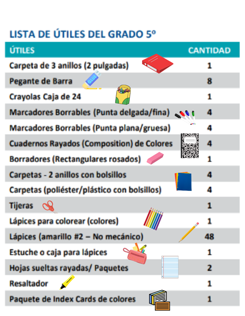 5th grade school supplies in spanish