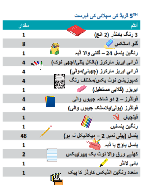 5th grade school supplies in arabic