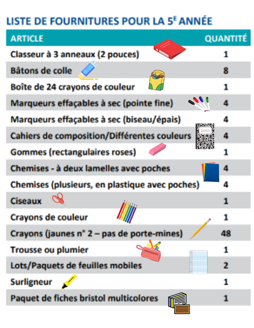 5th grade school supplies in french