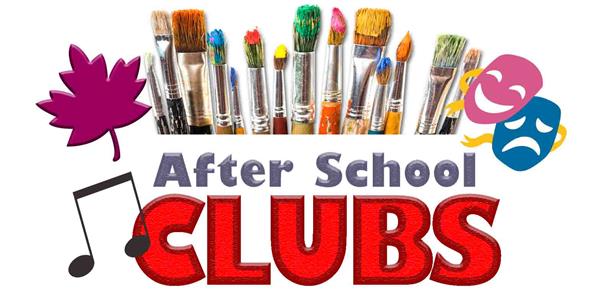 After school clubs clipart with paintbrushes, a musical note, theater masks and a leaf