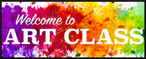 picture that says welcome to art class with paint in rainbow colors behind the words 