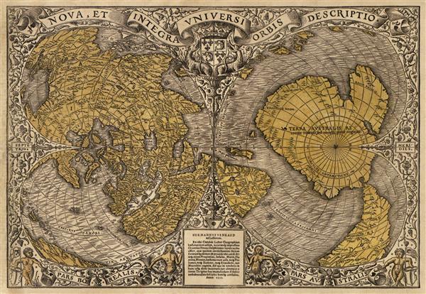 An old map of the world, that centers the continents around the north and south poles.